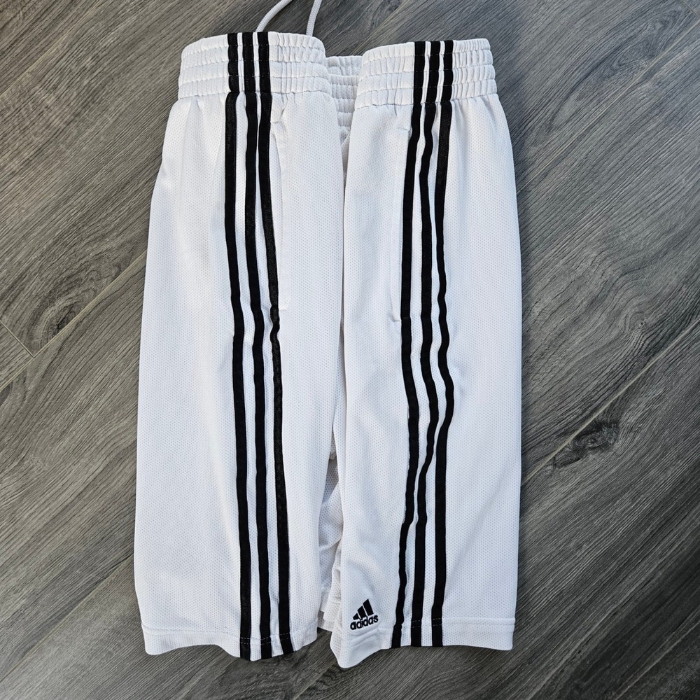 Adidas Mens Mesh Basketball Shorts White Black 3 Stripe XL Athletic Drawstring - Picture 8 of 13